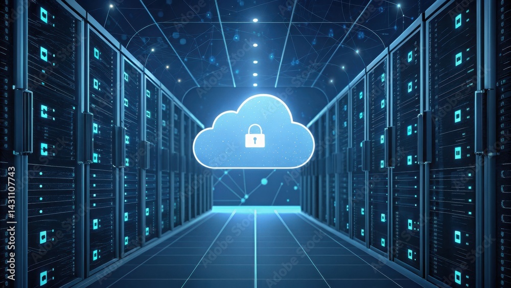 Poster digital representation of a secure cloud storage system surrounded by server racks and a networked e