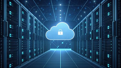 Digital representation of a secure cloud storage system surrounded by server racks and a networked environment.