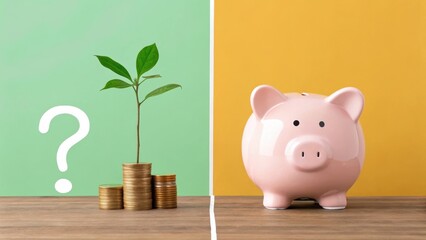 Growing plant next to a piggy bank symbolizes savings and investment concepts, highlighting financial growth potential.