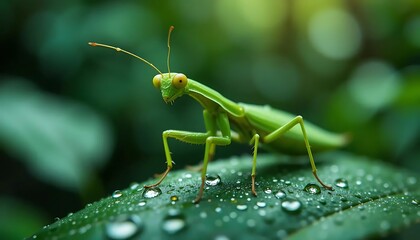 Praying Mantis Macro: Predator on Dewy Leaf
Close-up wildlife macro of a green praying mantis poised on a rain-kissed leaf, showcasing detailed eyes and predatory forelegs. Ideal for predator insect