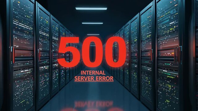 Big red 500 internal server error,  server room in background