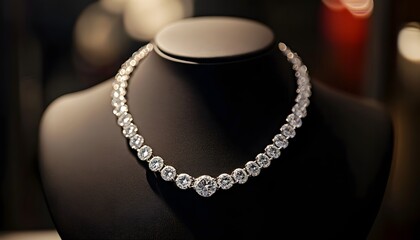 A luxurious diamond necklace on display in a jewelry store, front view, with soft lighting