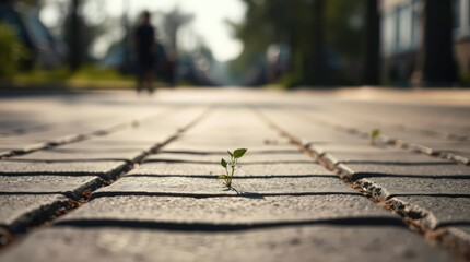 Small Plant Growing Through Pavement in City Street Showing Resilience