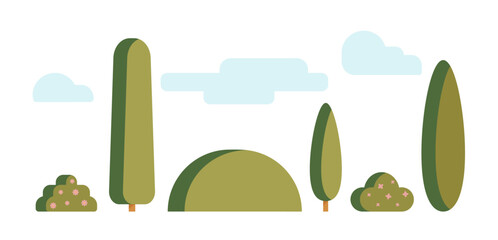 Set of trees and bushes with flowers and sky clouds. Tuscany summer cypress. Simple isolated flat clip art for landscaping or graphic design.