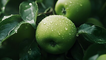 Close-up of green apples with water droplets on leaves, a realistic photo shoot, high-resolution photography,