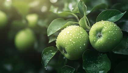Close-up of green apples with water droplets on leaves, a realistic photo shoot, high-resolution photography,