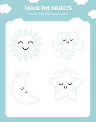 A page with a task to trace the sun, moon, cloud, and star for children in kindergarten