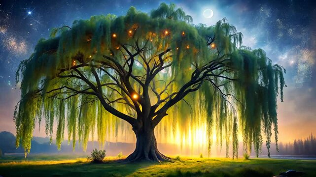 Mystical Willow Tree Illuminated by Fairy Lights Under a Starry Night Sky