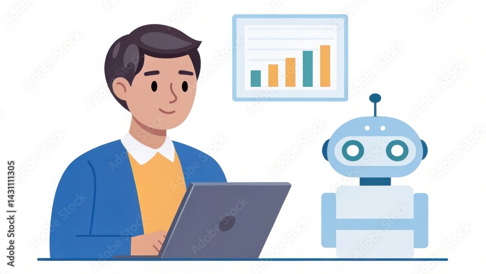 Poster a person interacts with a robot while analyzing data on a laptop. charts display growth, reflecting 