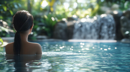 Fototapeta premium Serene girl enjoys tranquility of waterfall in lush forest oasis