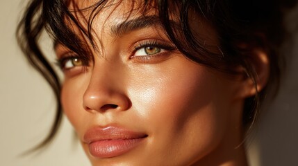 Naklejka premium Natural beauty shines through soft lighting in a close-up portrait of a young woman with striking features