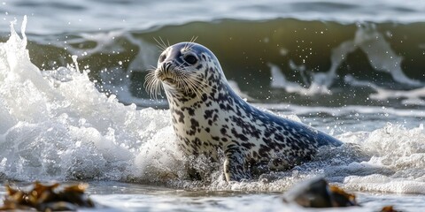 Fototapeta premium A playful harbor seal splashing in the shallow ocean waves, its sleek body glistening