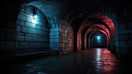 Fototapeta premium Enigmatic Stone Tunnel Illuminated by Lantern Light with Gothic Arches and Reflective Floor Creating a Mysterious and Atmospheric Mood