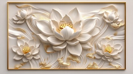 Elegant 3D lotus flower panel, decorative art, subtle gold accents
