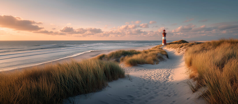 sunrise over the dunes with lighthouse near the sea