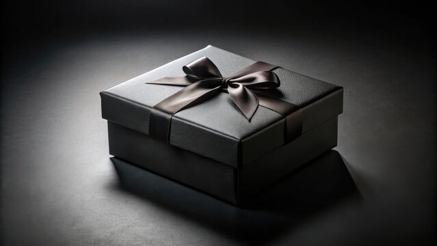 A luxuriously elegant black gift box, adorned with a meticulously tied satin ribbon, rests on a dark surface, symbolizing sophistication and mystery