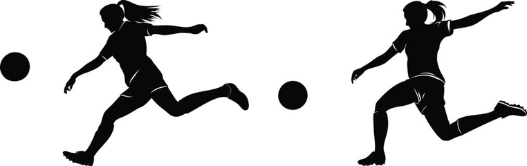 Fototapeta premium Female soccer player silhouette kicking ball in action pose