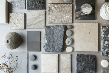 Natural stone samples and pebbles arranged for design inspiration neutral color palette