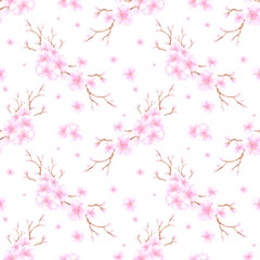 Hand drawn watercolor cherry blossom bouquet seamless pattern isolated on white background. Can be used for textile, fabric, scrapbook and other printed products.