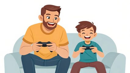 A father and son enjoy gaming together on a couch, sharing smiles and laughter in a playful moment.