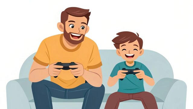 A father and son enjoy gaming together on a couch, sharing smiles and laughter in a playful moment.