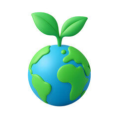 
3D eco globe with green sprouting leaves, PNG icon representing sustainability and environmental conservation on transparent background
