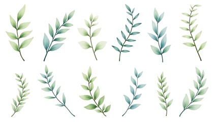 Fototapeta premium Watercolor Green Leaf Branches Collection Botanical Illustration Set Soft Hues Elegant Design