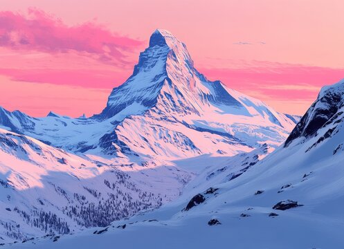 Matterhorn at Sunset in Zermatt, Switzerland. Iconic Snow-Covered Alpine Peak with Pink Sky and Majestic Mountain Landscape, Breathtaking Scenic View of the Swiss Alps - Powered by Adobe