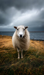 Obraz premium a funny sheep is standing near the coast with fur blowing in the wind