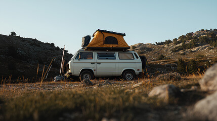 Fototapeta premium Vintage van with rooftop tent parked in mountain landscape during golden hour