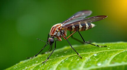 Fototapeta premium Mosquito Resting on Green Leaf in Macro View