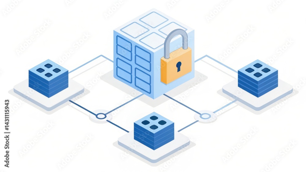 Poster secure data storage illustration featuring interconnected blocks and a padlock symbolizing protectio