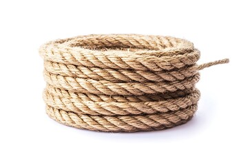Obraz premium Coiled Natural Jute Twine Hemp Rope on White Backdrop Macro Closeup Shot Texture