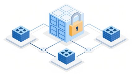 Secure data storage illustration featuring interconnected blocks and a padlock symbolizing protection and accessibility.