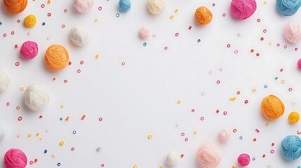 Colorful Wool Yarn Balls and Rubber Bands Scattered on a Clean White Surface