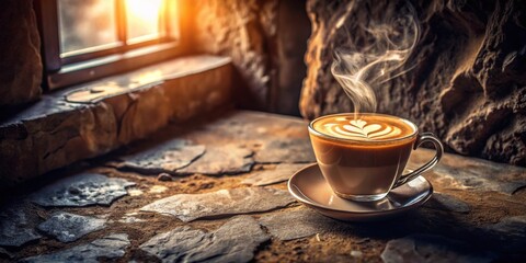 Aromatic Steam Rising from a Latte Art Coffee Cup Placed on Rustic Stone Surface Near a Sunlit Window