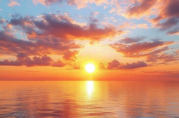Fototapeta premium Ocean Sunset Reflecting Light, Clouds with Sunlight Sky, Tranquil Golden Horizon