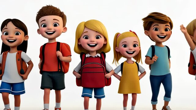 3d cheerful isolated back to school kids waving and smiling, ready for school banner, cartoon on white background video 4k