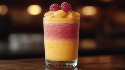 Colorful layered smoothie with mango and raspberry