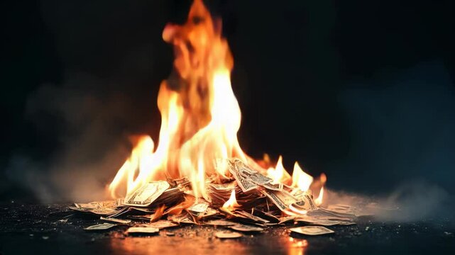 Flames rise from a pile of burning dollar bills, creating a dramatic and intense visual against a dark background.