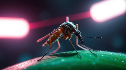 Fototapeta premium Mosquito Close-up on Leaf with Glowing Light in Dark Setting
