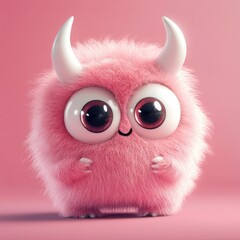 Fototapeta premium Adorable pink fluffy monster with large eyes.