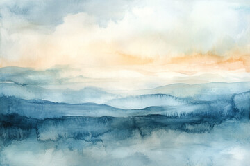 Obraz premium Serene watercolor landscape painting of misty blue mountains and a soft orange sky