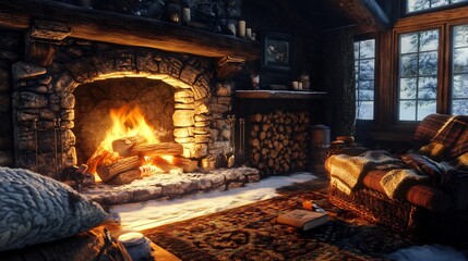 Cozy Cabin Fireplace: Warm Rustic Winter Scene
