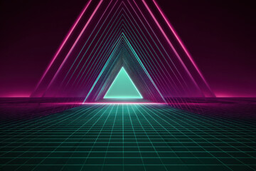 Fototapeta premium Minimal neon triangle portal over horizon grid