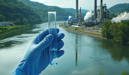 A close-up of hands in blue gloves holding a test tube filled with water, with the background showing a river and an industrial plant on its bank. 