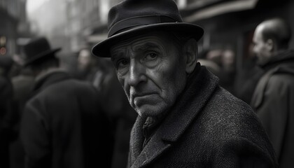 A portrait of an elderly man on the street, wearing old and a hat, standing among other people.