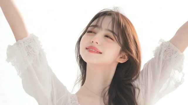 Serene Awakening: A youthful woman bathed in soft light, arms raised in a gesture of pure joy and tranquility, as she embraces a fresh start. Capturing inner peace.