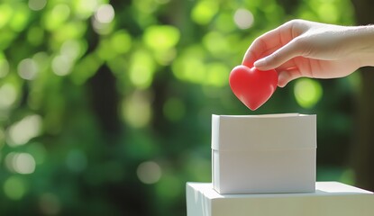 Close-up of a hand holding a red heart and placing it in a white box for a gift against a blurred green background