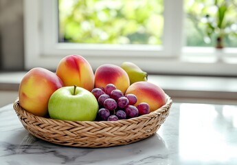 Fruit basket on a white marble table in a kitchen interior, front view, close-up of fruits in the bowl, an apple and grapes